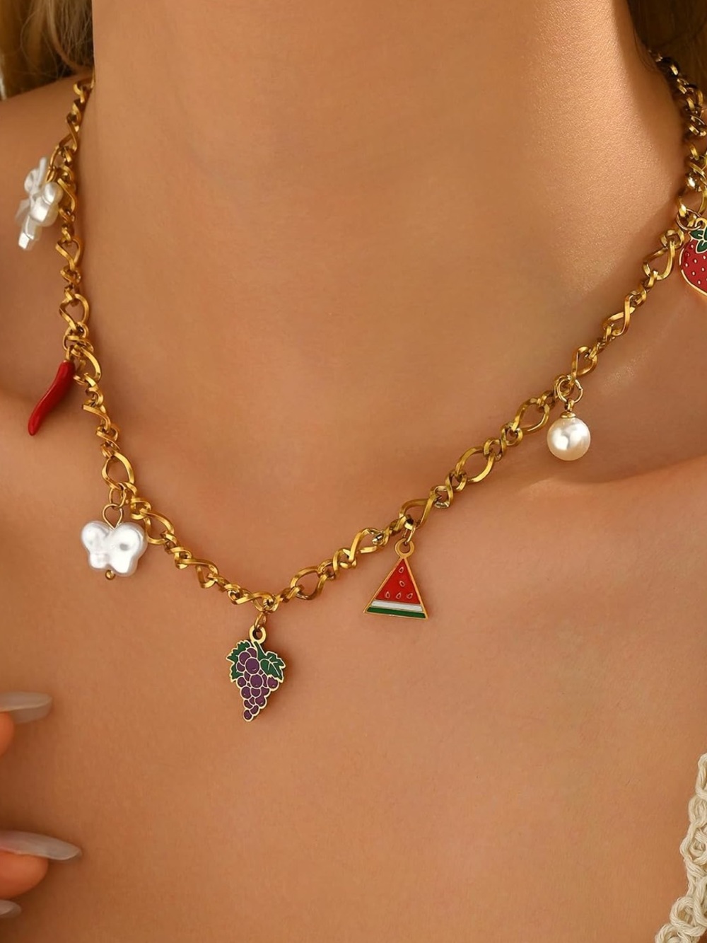 Gold-Tone Fruit Charm Necklace with Red, Purple & White Accents